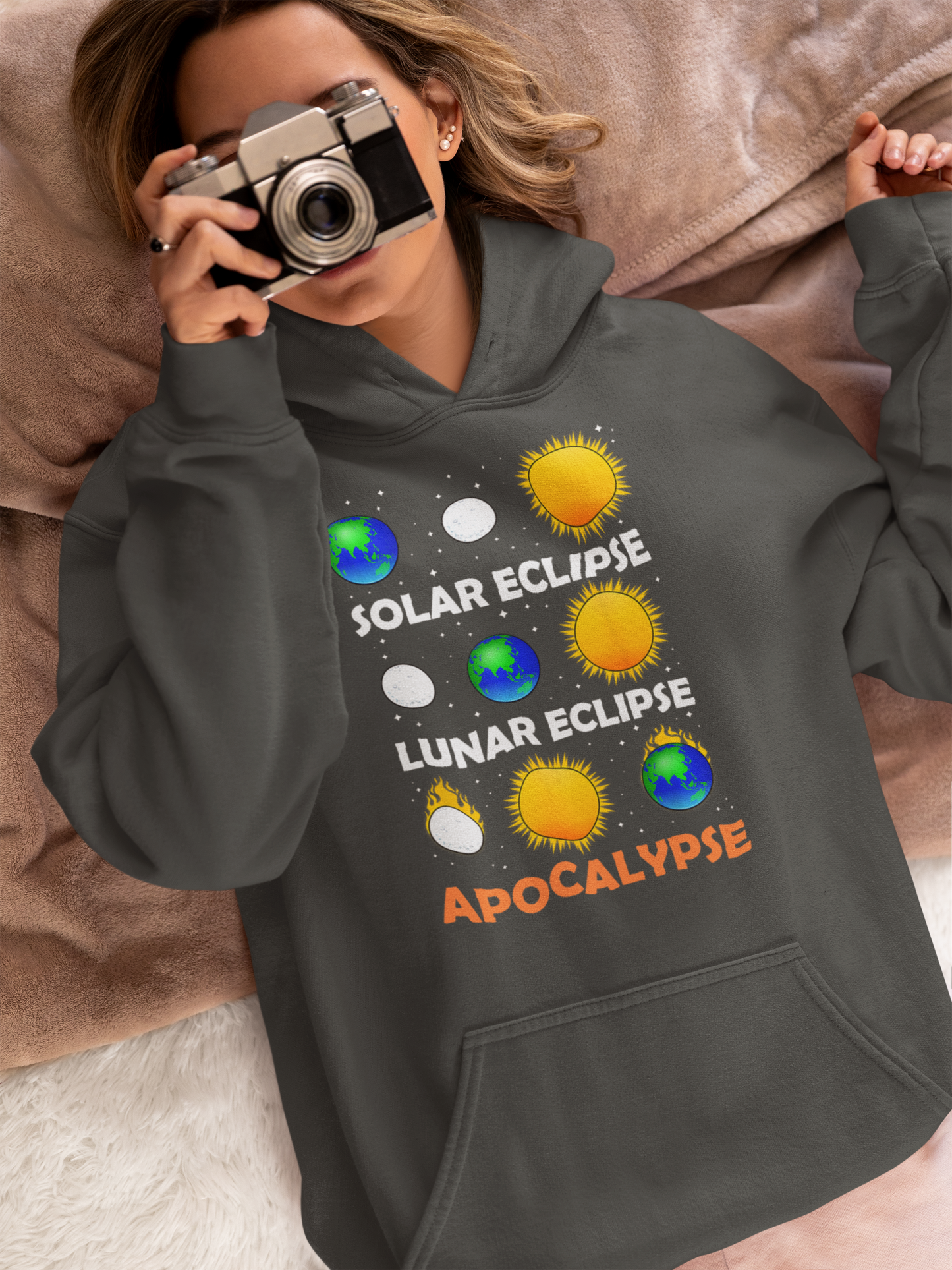 Funny Eclipse Apocalypse 2024 Hooded Sweatshirt - A Cosmic Comedy Unleashed, Teacher's Sweatershirt, Science Sweatshirt, Funny Science Sweatshirt