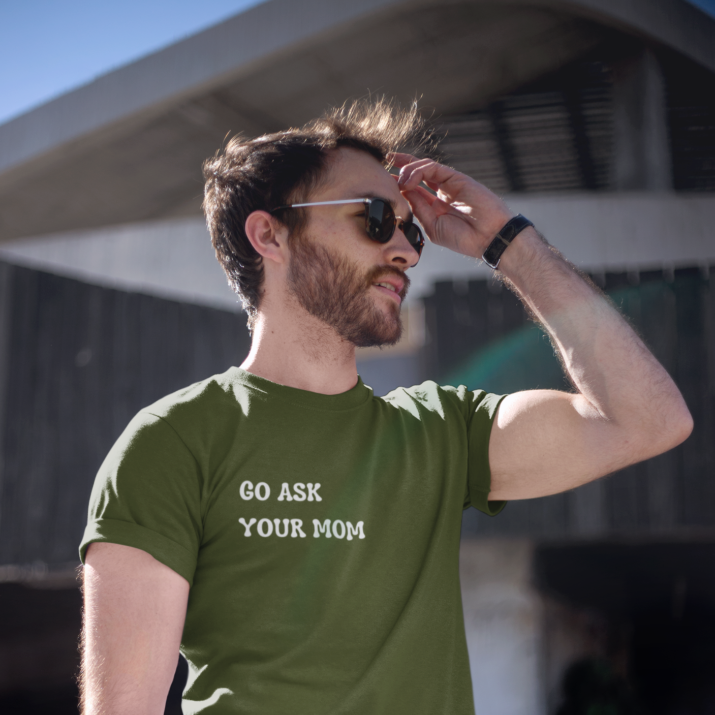 Graphic Unisex T Shirt that reads Go Ask Your Mom and Canvas tee in the color Military Green