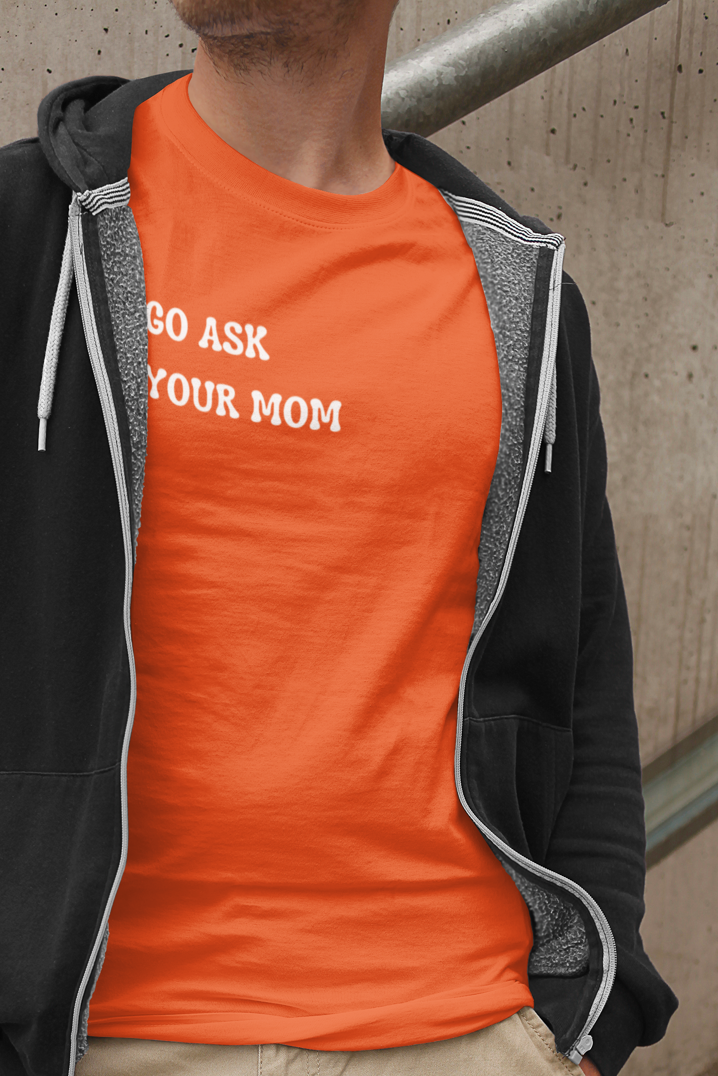 Graphic Unisex T Shirt that reads Go Ask Your Mom and Canvas tee in the color Orange