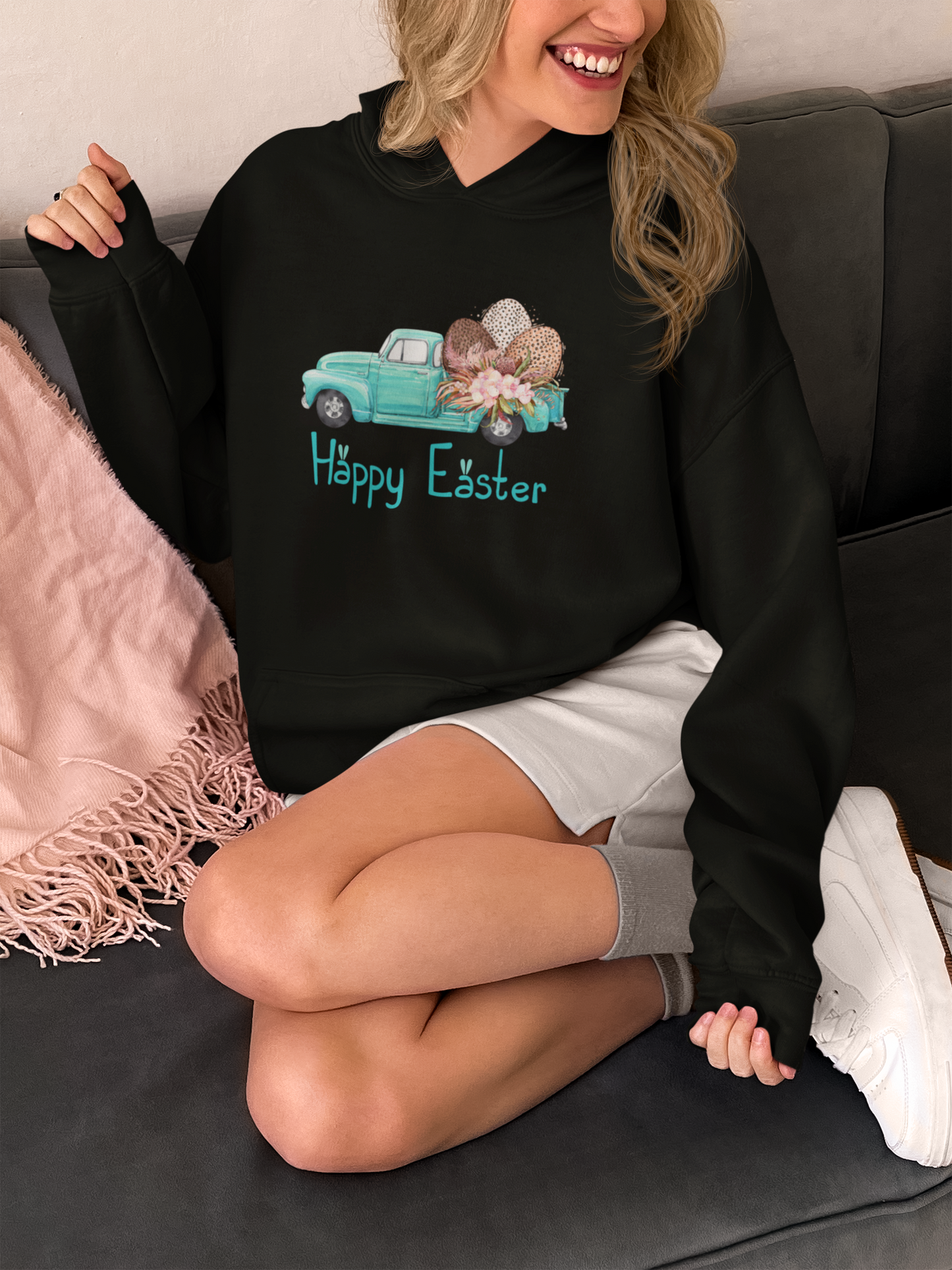 Happy Easter Vintage Truck Hooded Sweatshirt, Vintage Truck Easter, Womens Easter Sweater, Pink Easter Truck Sweater, Funny Easter Day Gift, Easter Day Apparel