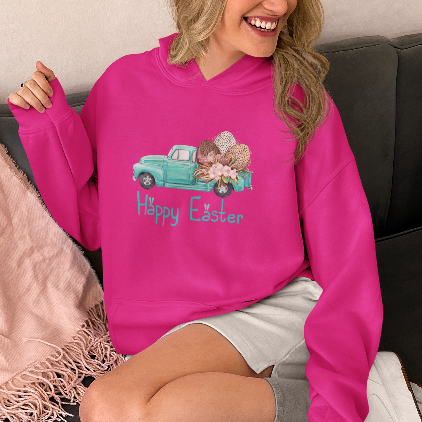 Happy Easter Vintage Truck Hooded Sweatshirt, Vintage Truck Easter, Womens Easter Sweater, Pink Easter Truck Sweater, Funny Easter Day Gift, Easter Day Apparel