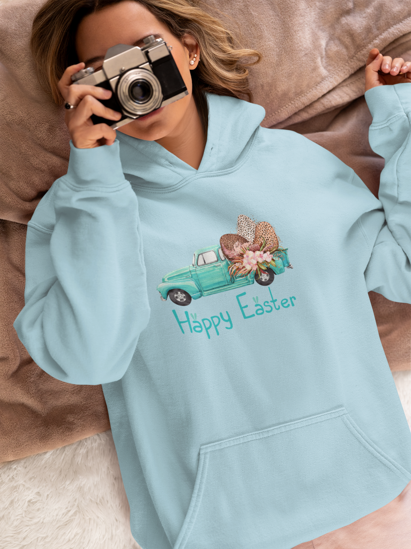 Happy Easter Vintage Truck Hooded Sweatshirt, Vintage Truck Easter, Womens Easter Sweater, Pink Easter Truck Sweater, Funny Easter Day Gift, Easter Day Apparel