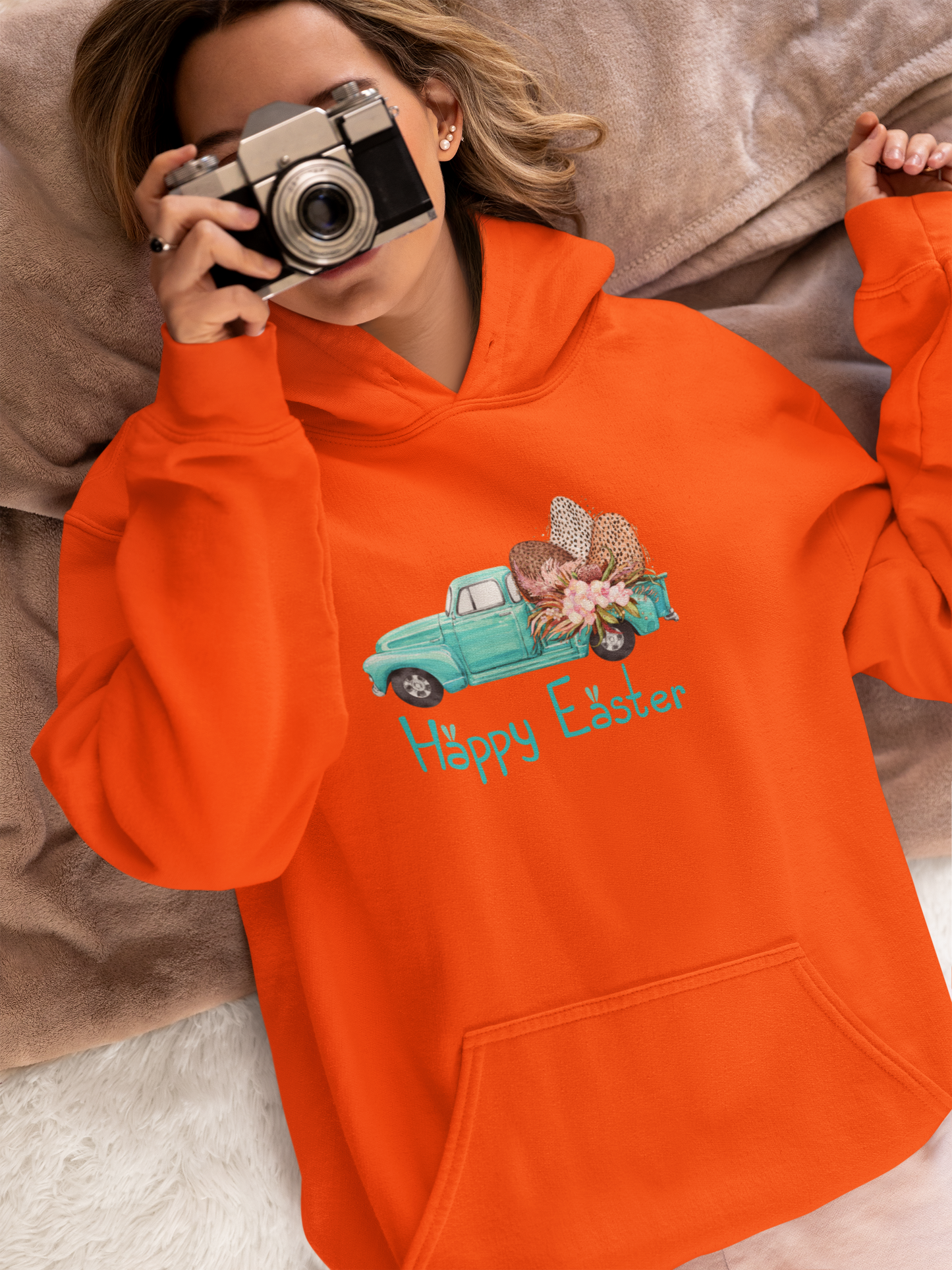 Happy Easter Vintage Truck Hooded Sweatshirt, Vintage Truck Easter, Womens Easter Sweater, Pink Easter Truck Sweater, Funny Easter Day Gift, Easter Day Apparel