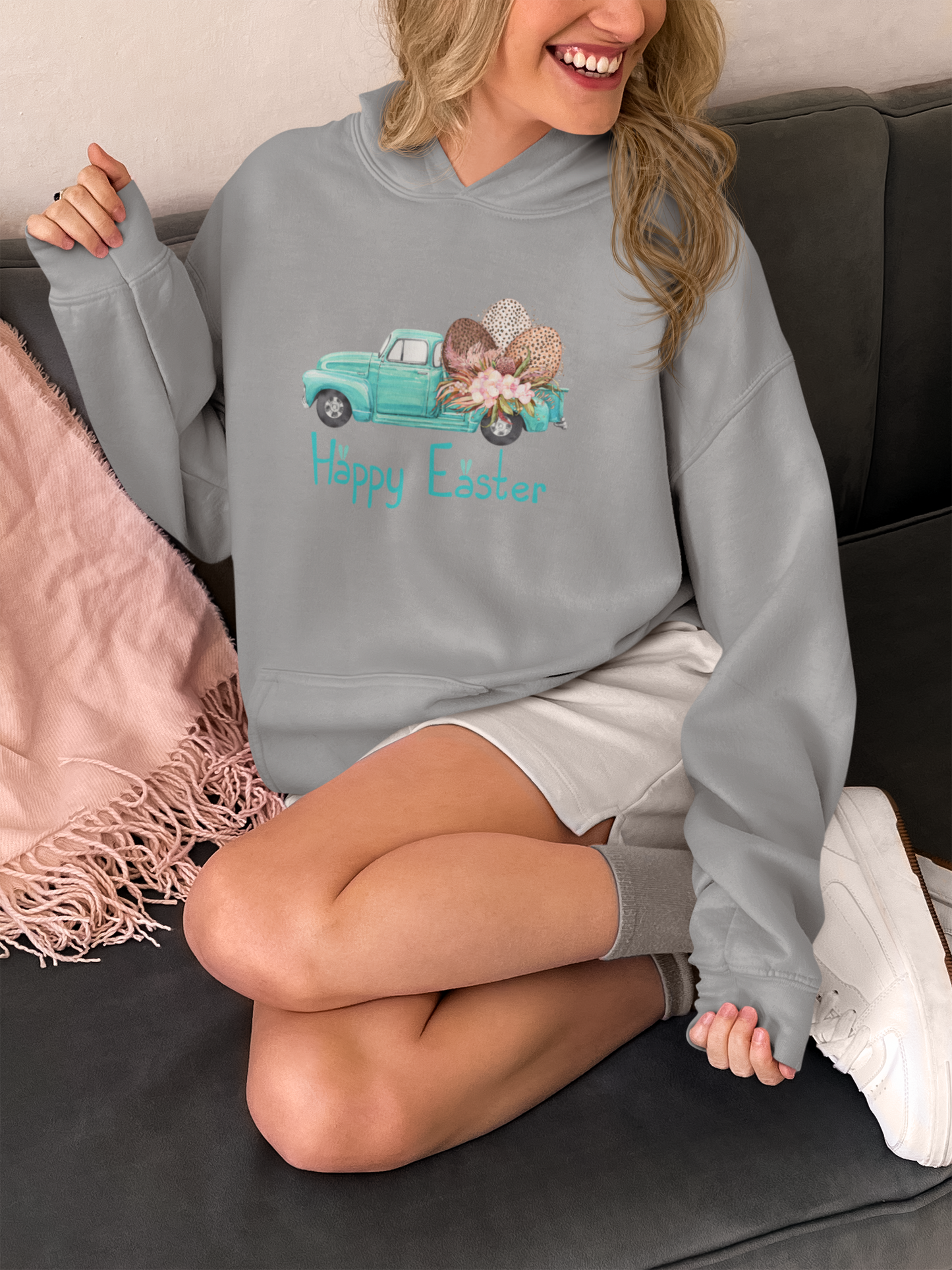 Happy Easter Vintage Truck Hooded Sweatshirt, Vintage Truck Easter, Womens Easter Sweater, Pink Easter Truck Sweater, Funny Easter Day Gift, Easter Day Apparel