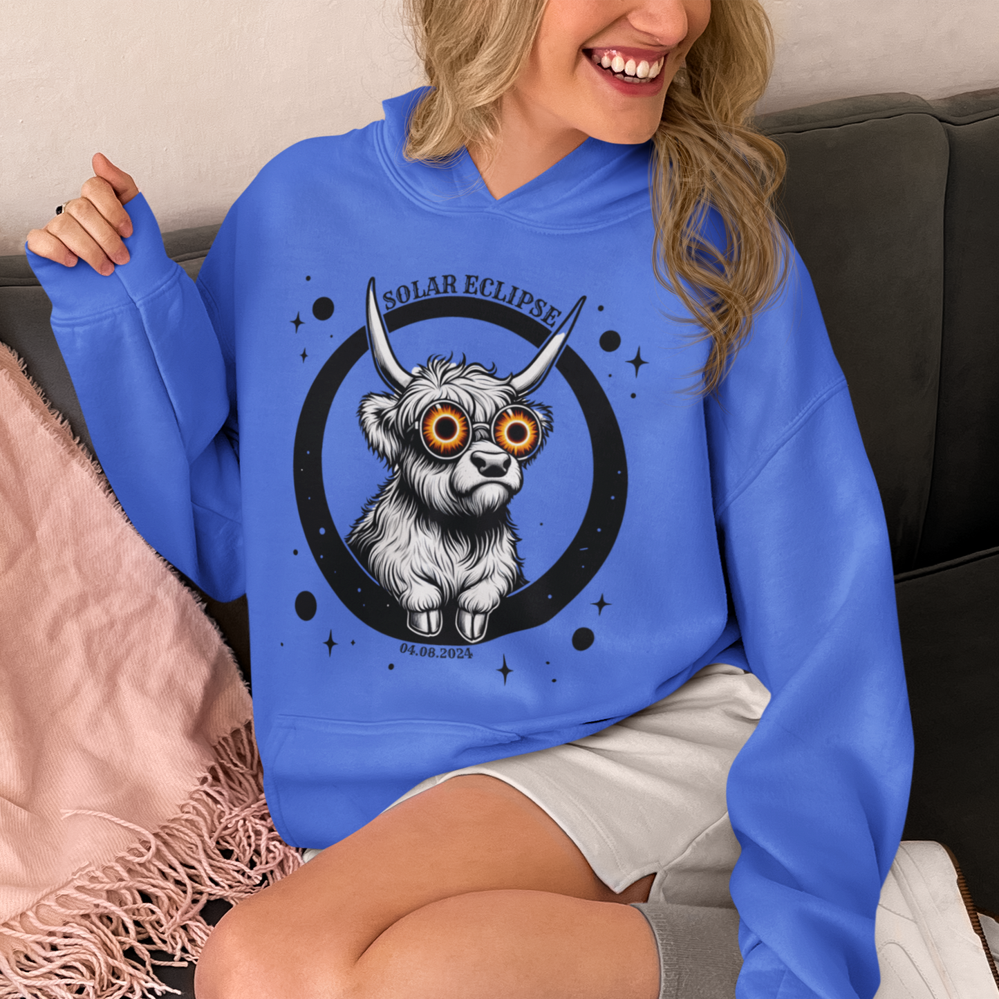 Highland Cow Eclipse 2024 Hooded Sweatshirt - Celestial Cuteness Hooded Sweatshirt, Cute Highland Cow Sweatshirt, Eclipse April 8 2024