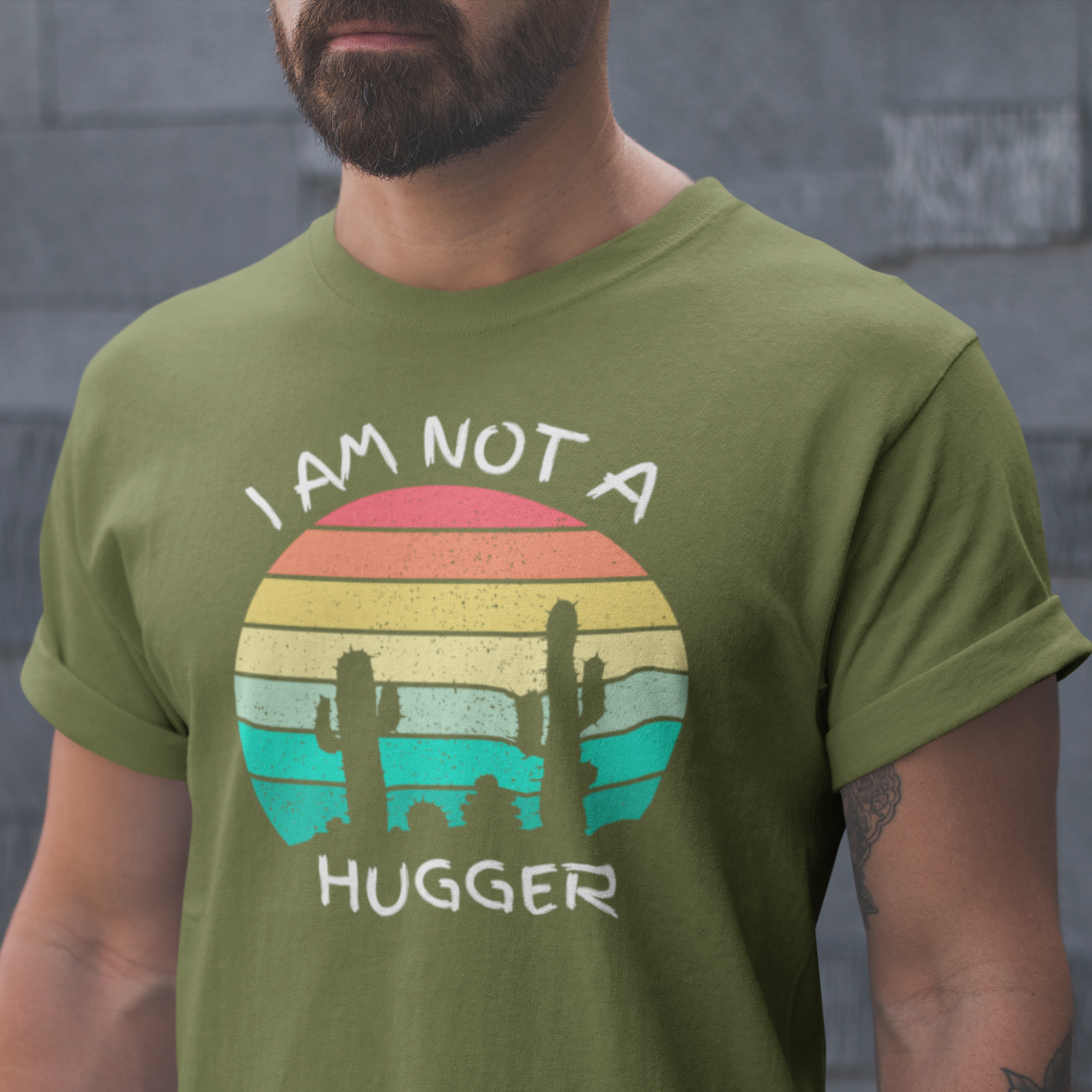 Graphic Unisex T Shirt that reads I Am Not A Hugger and Canvas tee in the color Military Green