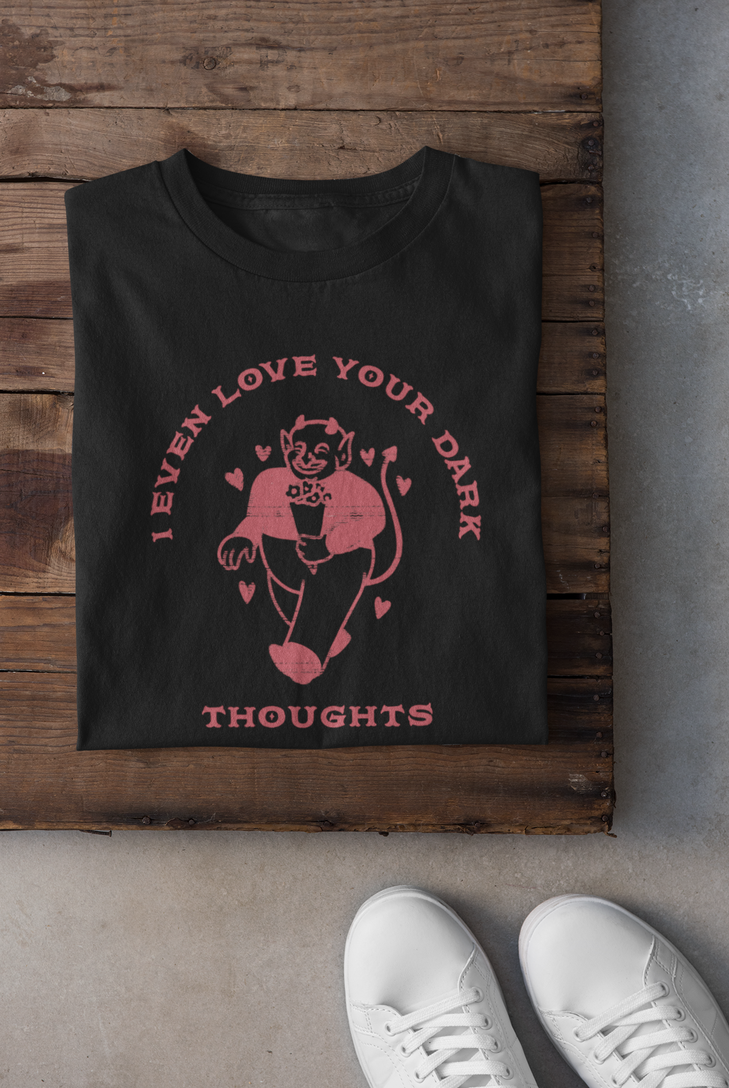 Embrace the Darkness: 'I Even Love Your Dark Thoughts' Sarcastic Valentine's Shirt with Vintage Devil, Valentine's Day Shirt for Women