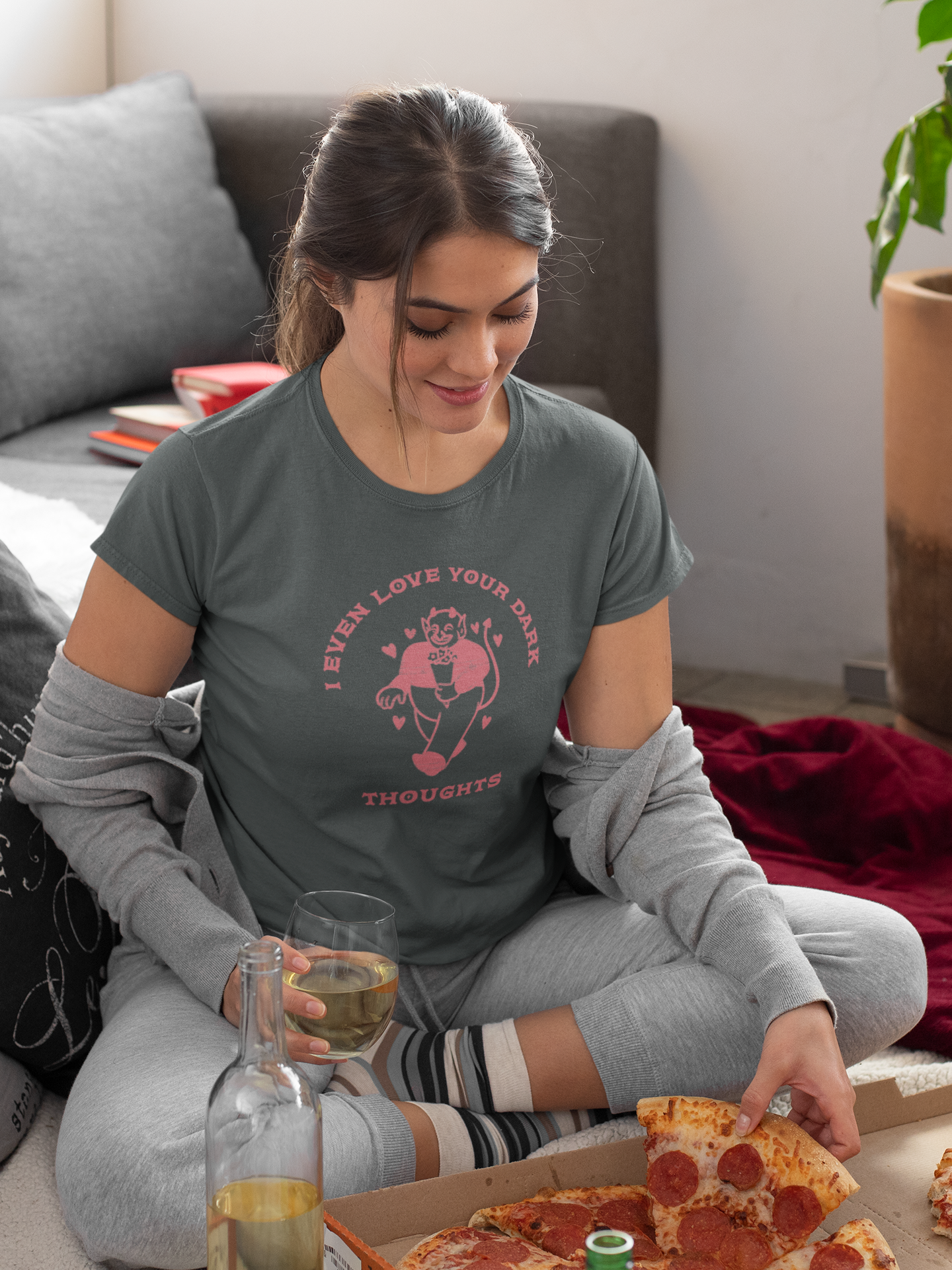 Embrace the Darkness: 'I Even Love Your Dark Thoughts' Sarcastic Valentine's Shirt with Vintage Devil, Valentine's Day Shirt for Women