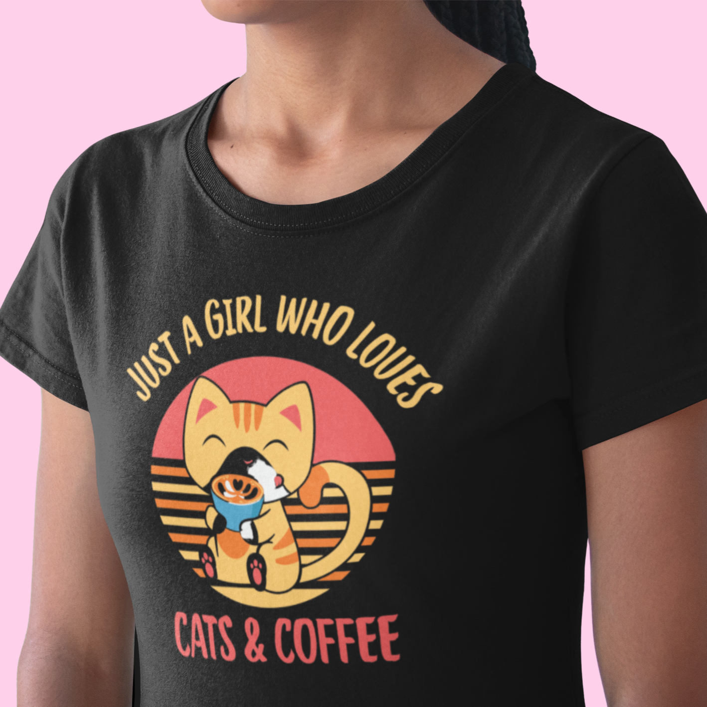 Graphic Unisex T Shirt that reads Just A Girl Who Loves Cats and Coffee and Canvas tee in the color black