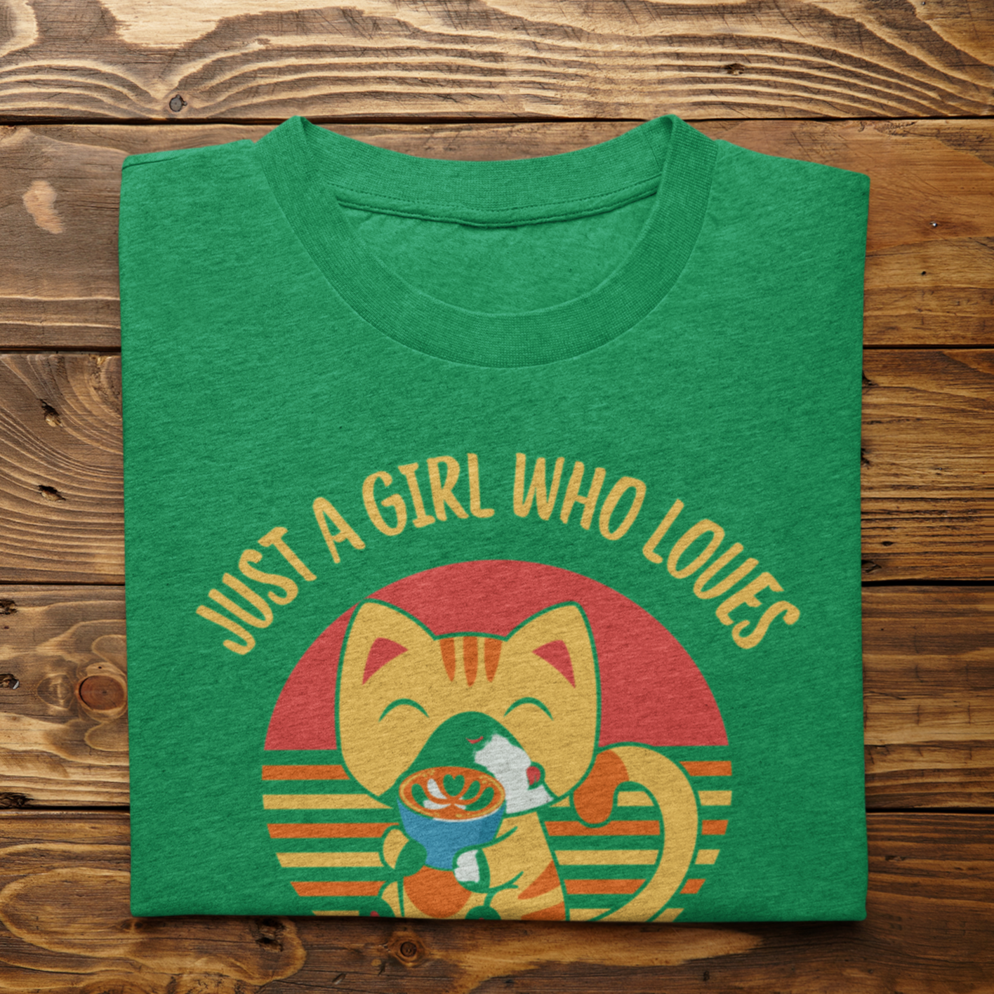 Graphic Unisex T Shirt that reads Just A Girl Who Loves Cats and Coffee and Canvas tee in the color irish green'