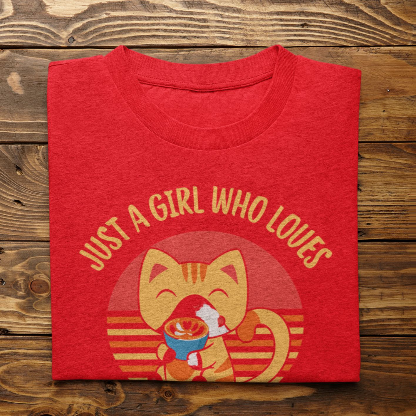 Graphic Unisex T Shirt that reads Just A Girl Who Loves Cats and Coffee and Canvas tee in the color red