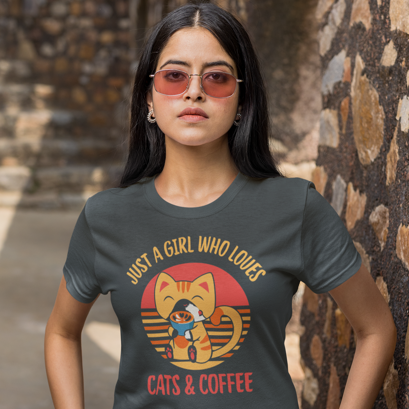 Graphic Unisex T Shirt that reads Just A Girl Who Loves Cats and Coffee and Canvas tee in the color dark heather