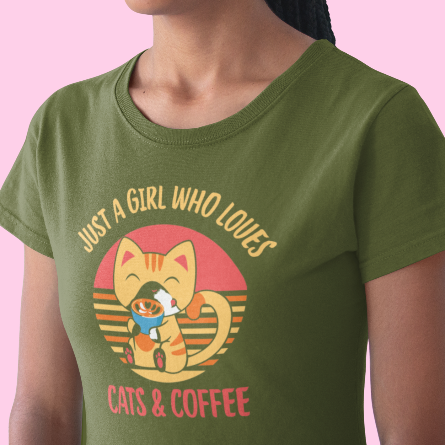 Graphic Unisex T Shirt that reads Just A Girl Who Loves Cats and Coffee and Canvas tee in the color military green