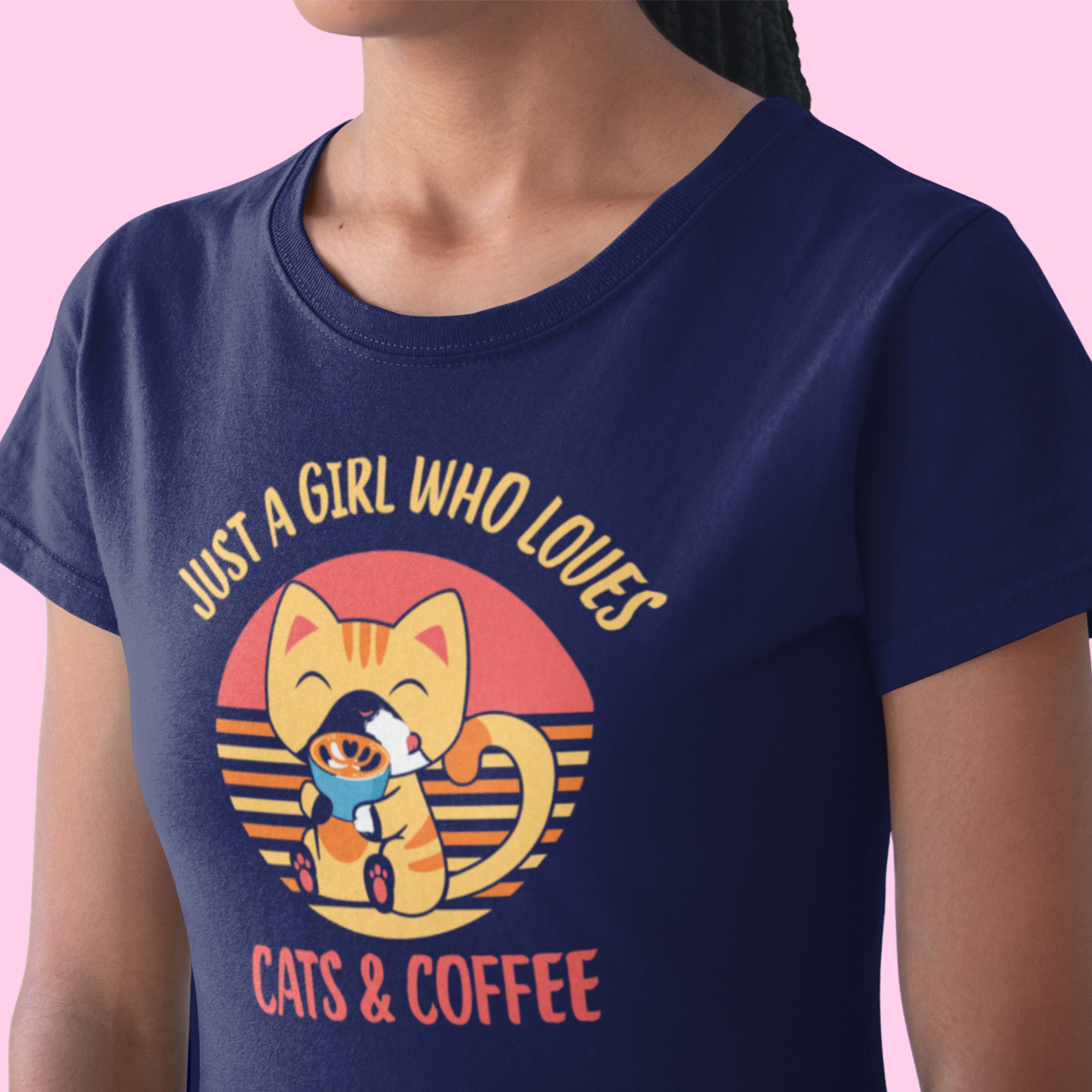 Graphic Unisex T Shirt that reads Just A Girl Who Loves Cats and Coffee and Canvas tee in the color navy blue