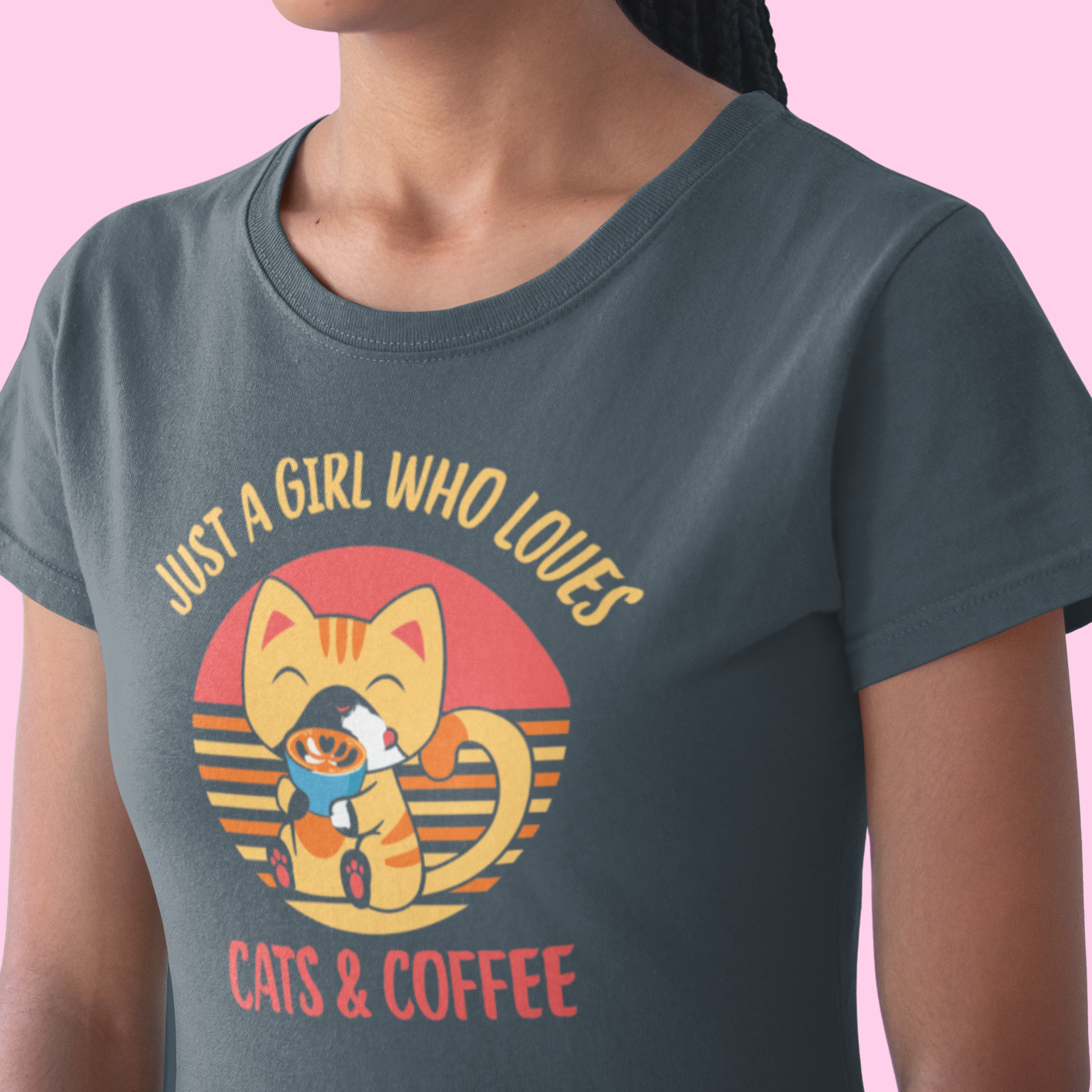 Graphic Unisex T Shirt that reads Just A Girl Who Loves Cats and Coffee and Canvas tee in the color Heather grey