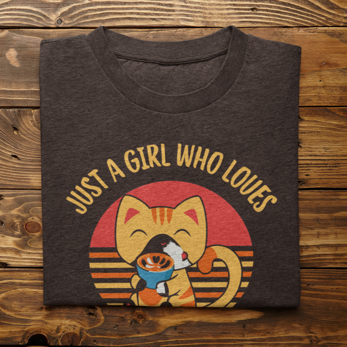 Graphic Unisex T Shirt that reads Just A Girl Who Loves Cats and Coffee and Canvas tee in the color chocolate brown