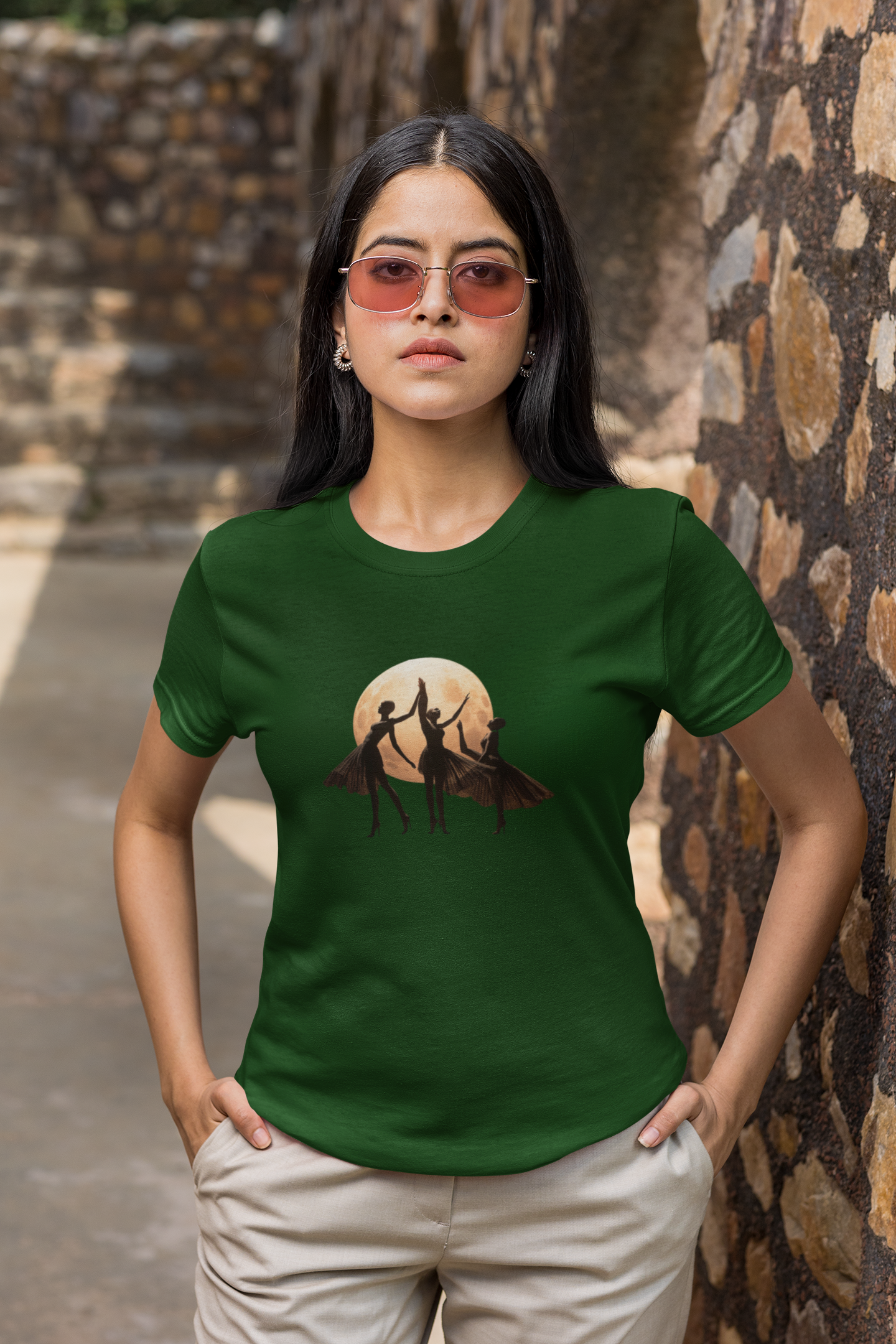 Lunar Dance: Unique Balerina Dancers in Front of Full Moon T-Shirt, Unisex Heavy Cotton Tee