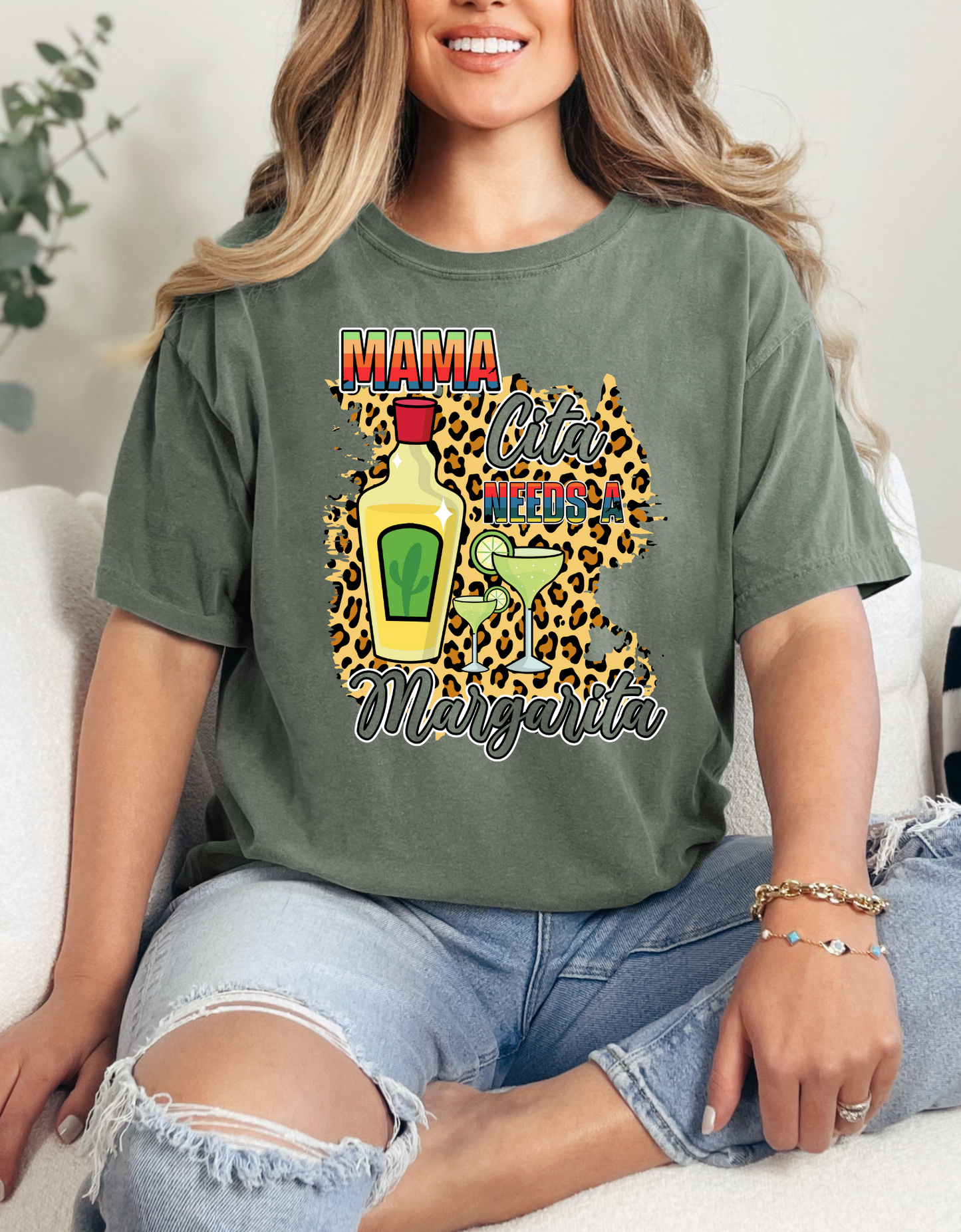 Sassy Mamacita Needs a Margarita Tee - Stylish Margarita Glass and Tequila Bottle Print, Fun Margarita Glasses and Tequila Bottle Design