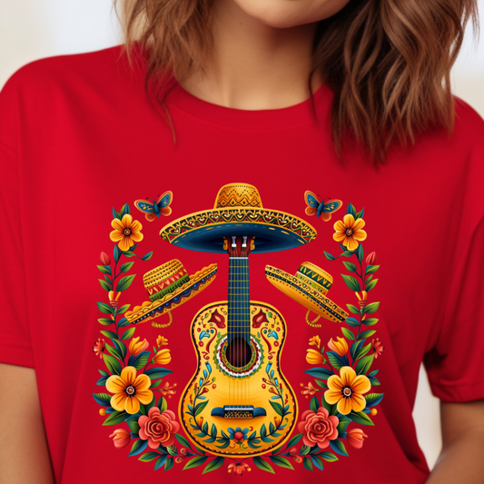 Embrace your Mexican heritage with our vibrant 'Guitars and Sombreros' Cinco de Mayo Tee! Celebrate in style with this colorful design that pays homage to the rich cultural heritage of Mexico. Perfect for adding a touch of tradition and flair to your Cinco de Mayo festivities. Viva Mexico! 🎸🌵 #MexicanHeritage #CincodeMayoCelebration"