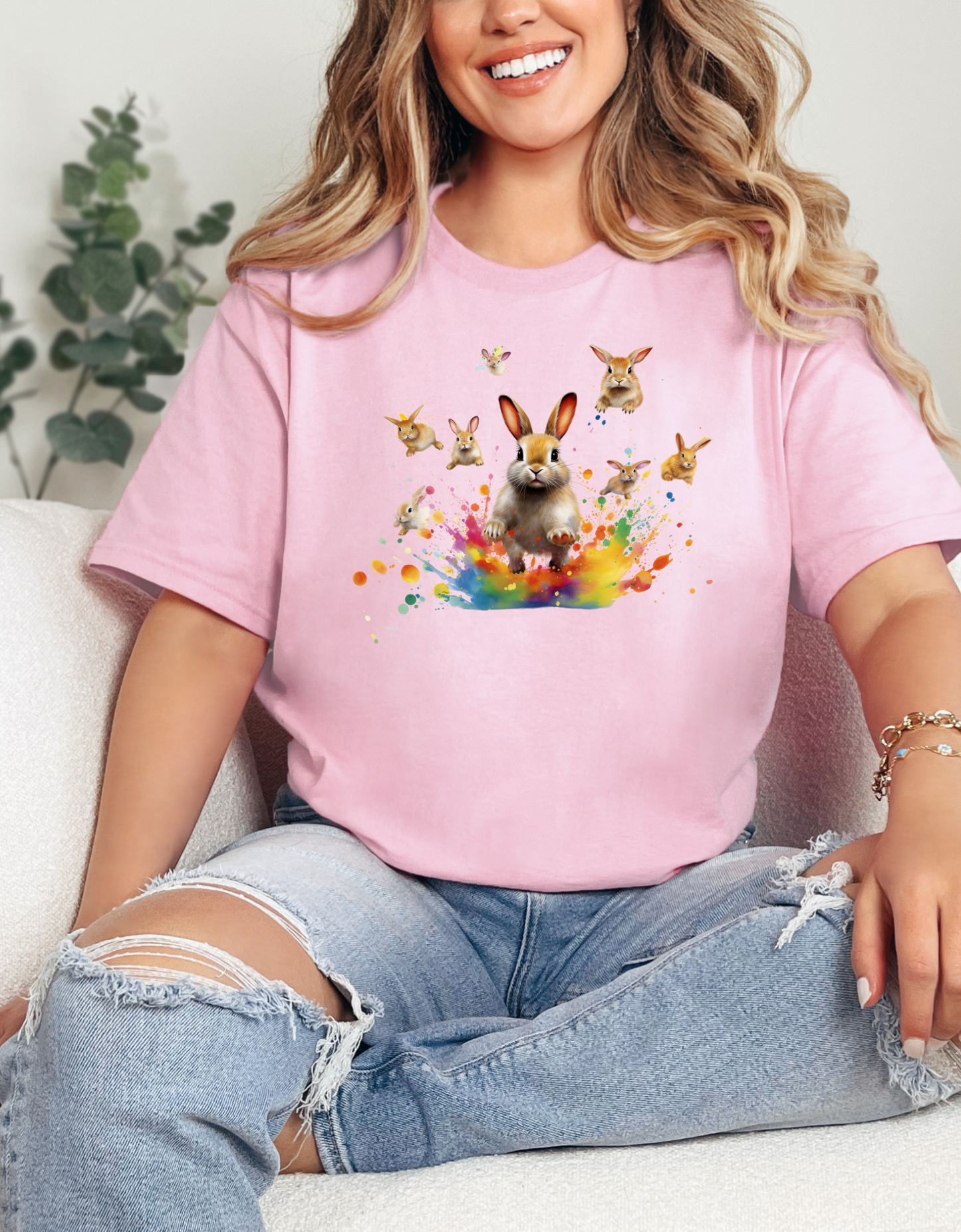 Colorful Easter Bunny Shirt with Jumping Rabbits - Festive Spring Tee, Unisex Heavy Cotton Tee