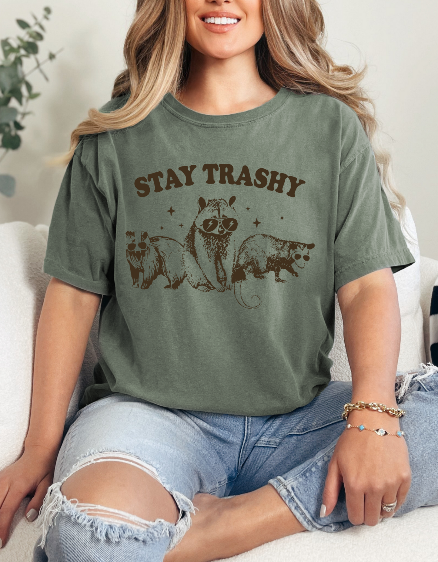 Stay Trashy Tshirt with Adorable Raccoon, Possum, and Fox Design, Funny Animal Lovers Shirt - Raccoon, Possum, and Fox Stay Trashy Tee