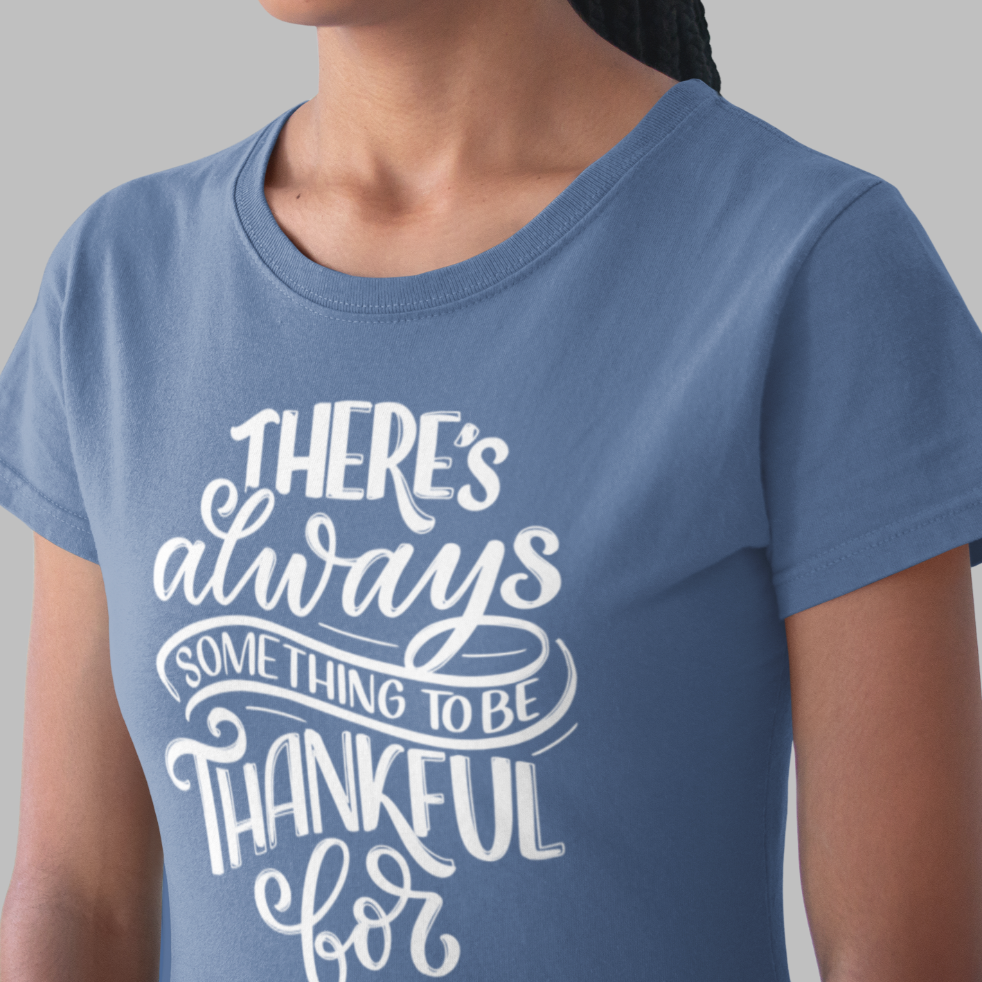 Graphic Unisex T Shirt that reads There's Always Something to be Thankful For and Canvas tee in the color Heather Indigo