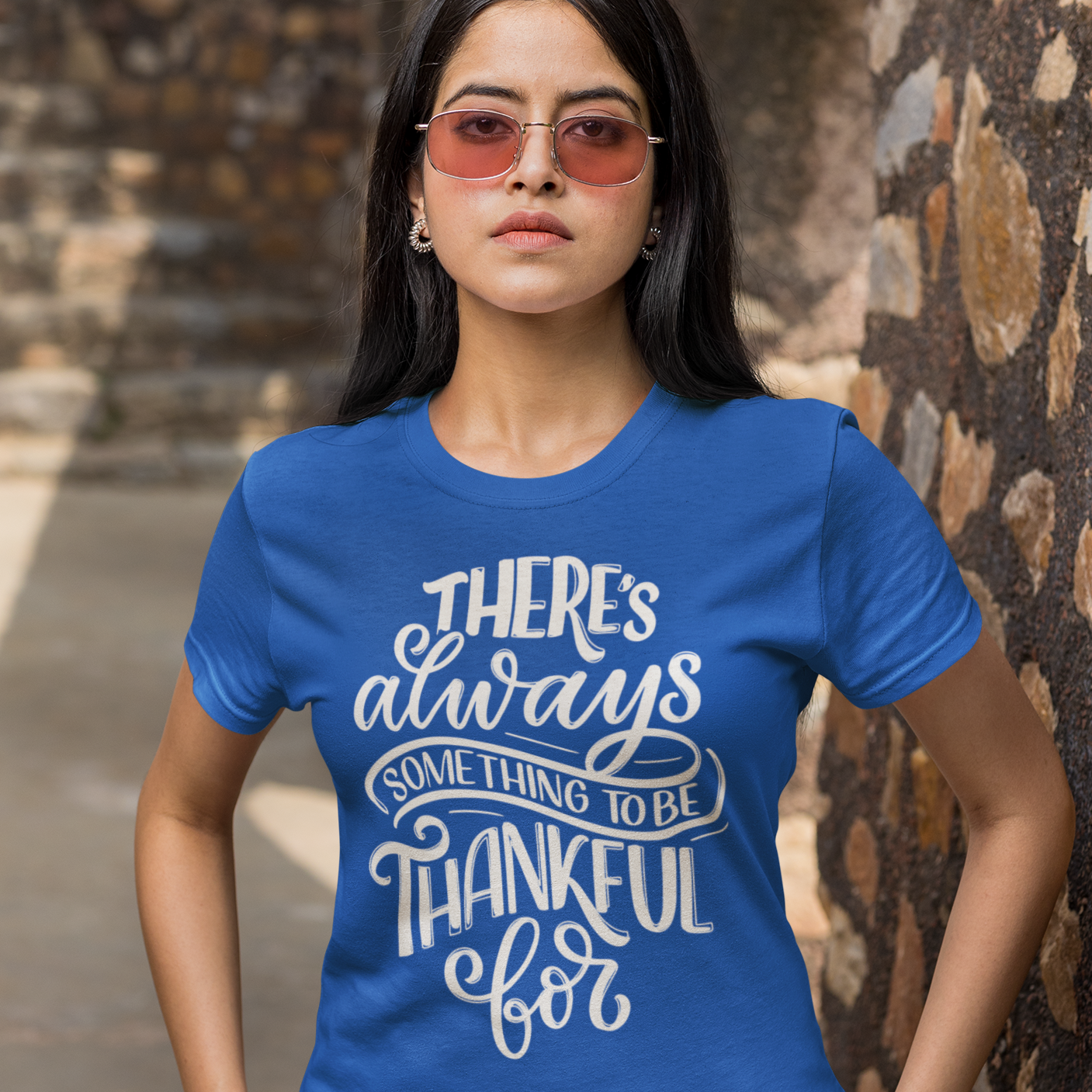 Graphic Unisex T Shirt that reads There's Always Something to be Thankful For and Canvas tee in the color Sapphire