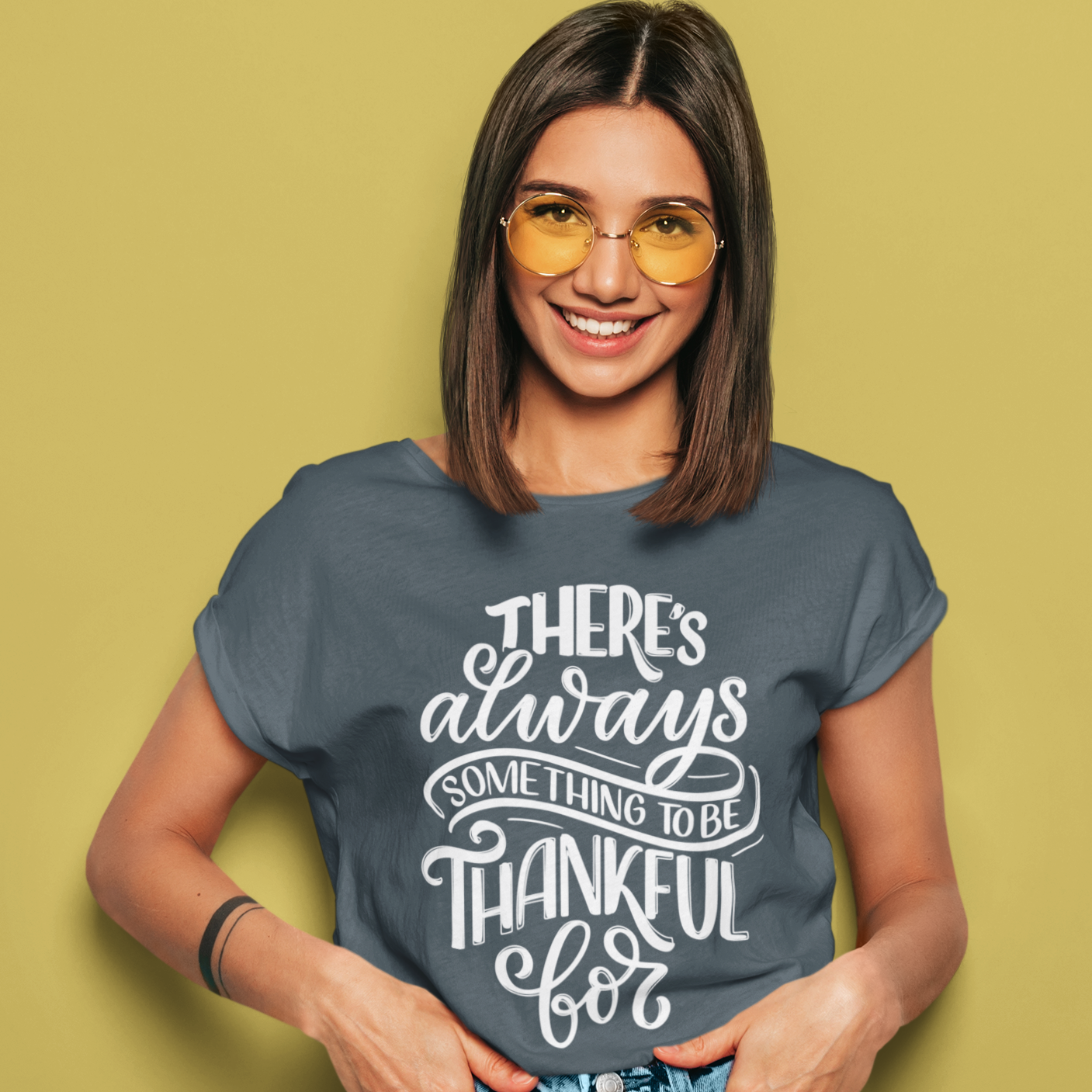 Graphic Unisex T Shirt that reads There's Always Something to be Thankful For and Canvas tee in the color heather grey