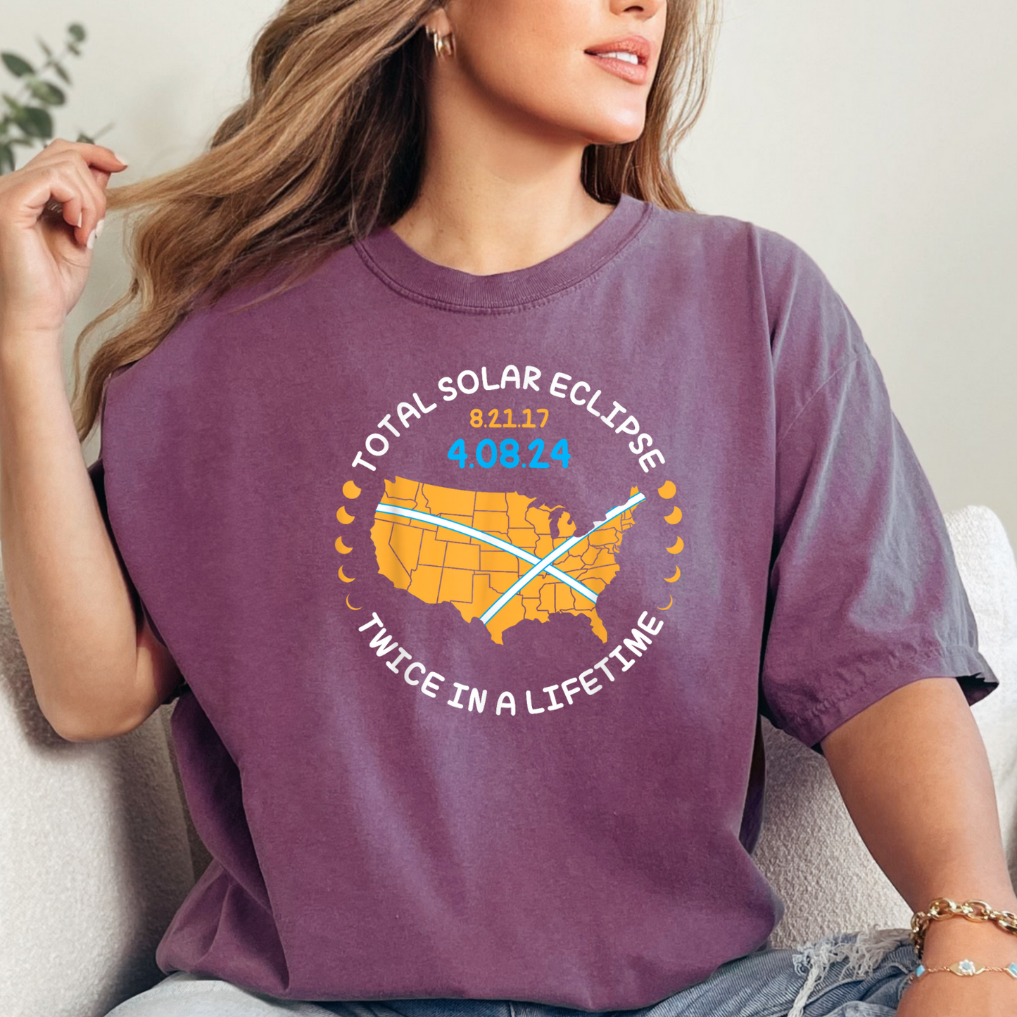 Capture the cosmic wonder with our catchy 'Twice in a Lifetime' Eclipse Shirt in Comfort Colors 1717! Embrace the rare opportunity of witnessing the eclipse with this stylish tee, designed for comfort and celestial style. Whether you're in the path of totality or simply in awe of the cosmos, make your mark with this unique design. Because when celestial events align, every moment is a collector's gem!