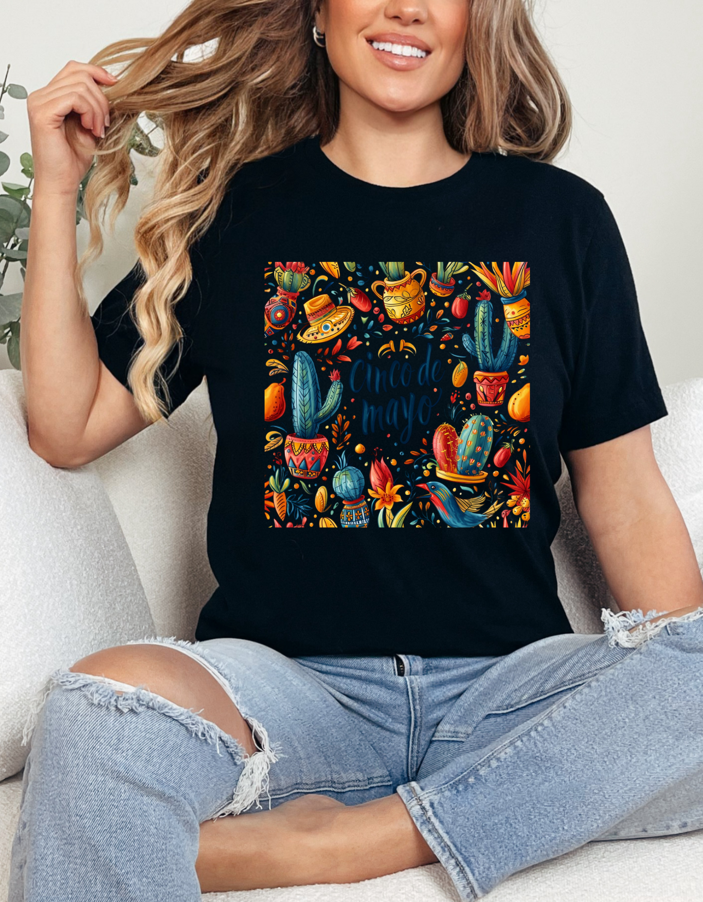 Fiesta Fun: Cinco de Mayo Shirt with Vibrant Birds, Cactus, Pepper Prints, Cinco de Mayo Celebration Shirt,  Festive Fiesta Wear