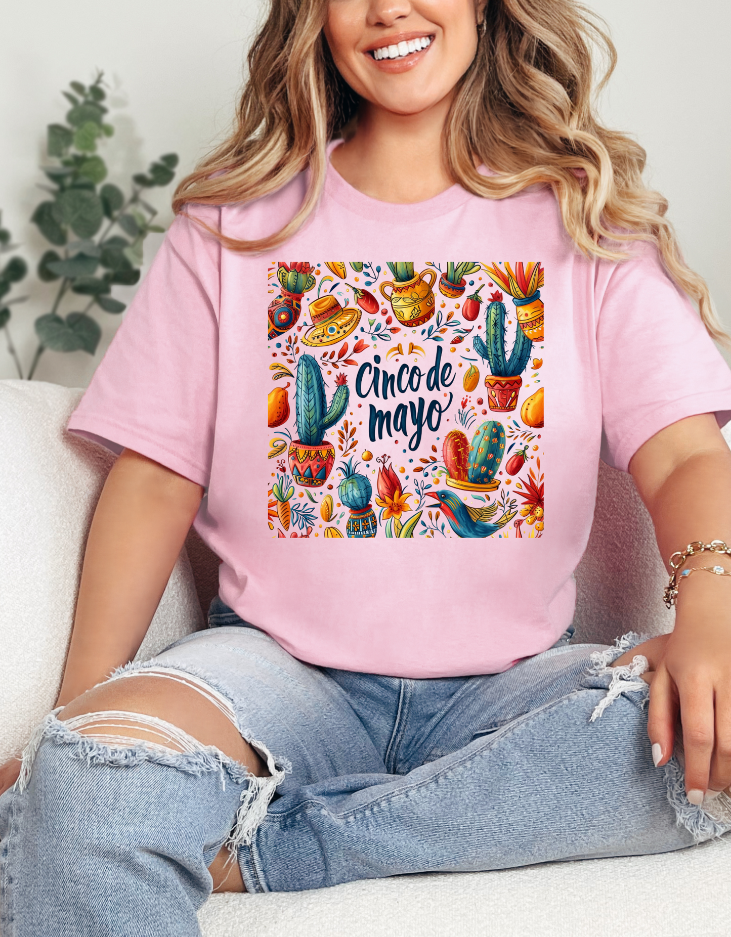 Fiesta Fun: Cinco de Mayo Shirt with Vibrant Birds, Cactus, Pepper Prints, Cinco de Mayo Celebration Shirt,  Festive Fiesta Wear