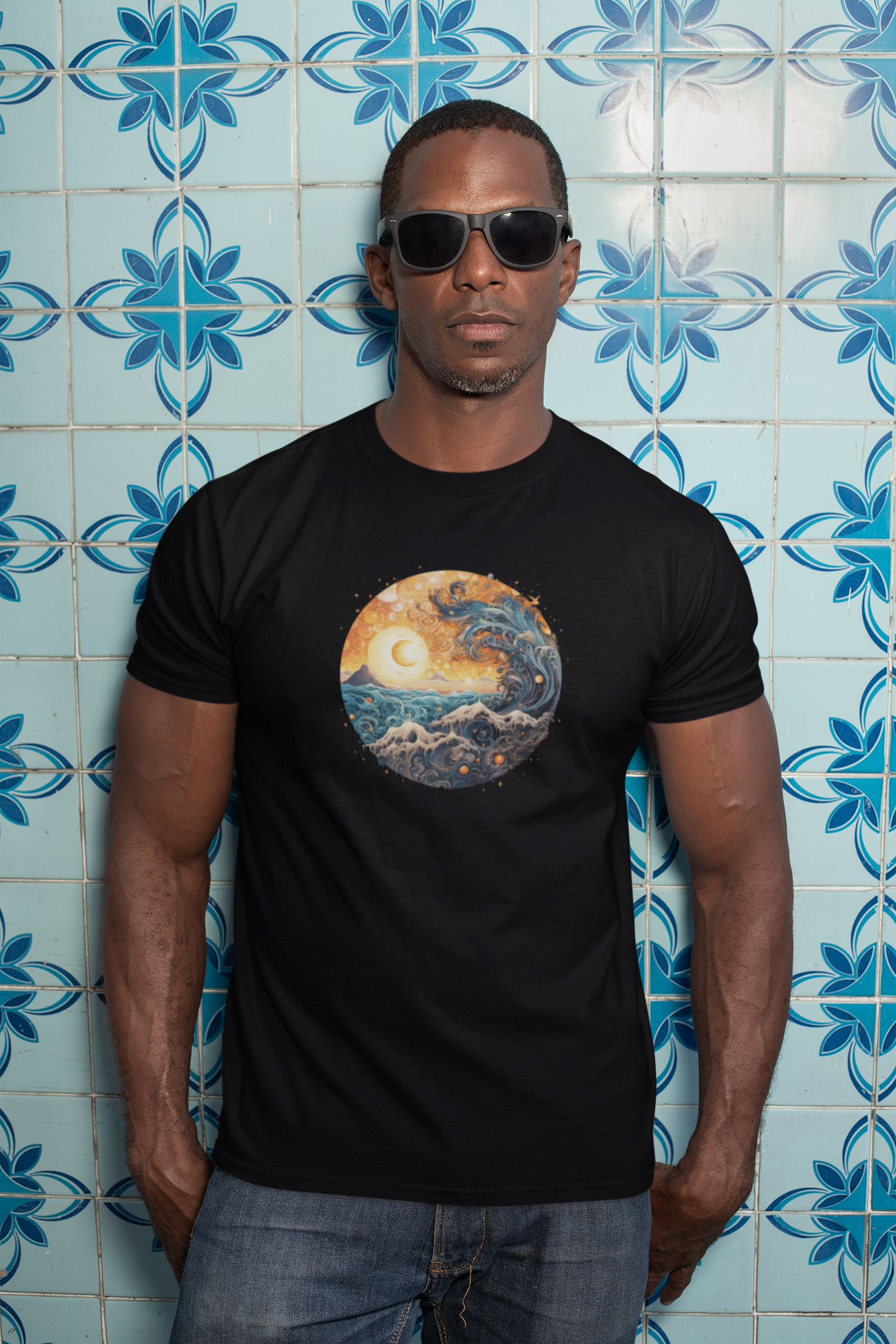 Vintage Inspired Ocean Wave Swallows Sun Eclipse T-Shirt - Retro Surf Tee, Boho Style Ocean Wave Unisex Heavy Cotton Tee