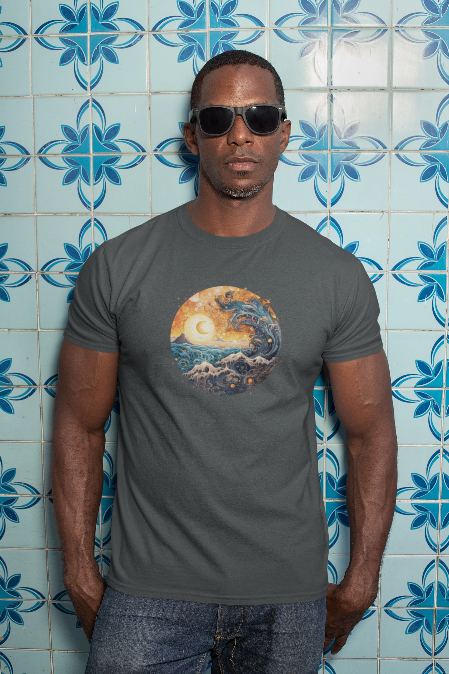 Vintage Inspired Ocean Wave Swallows Sun Eclipse T-Shirt - Retro Surf Tee, Boho Style Ocean Wave Unisex Heavy Cotton Tee