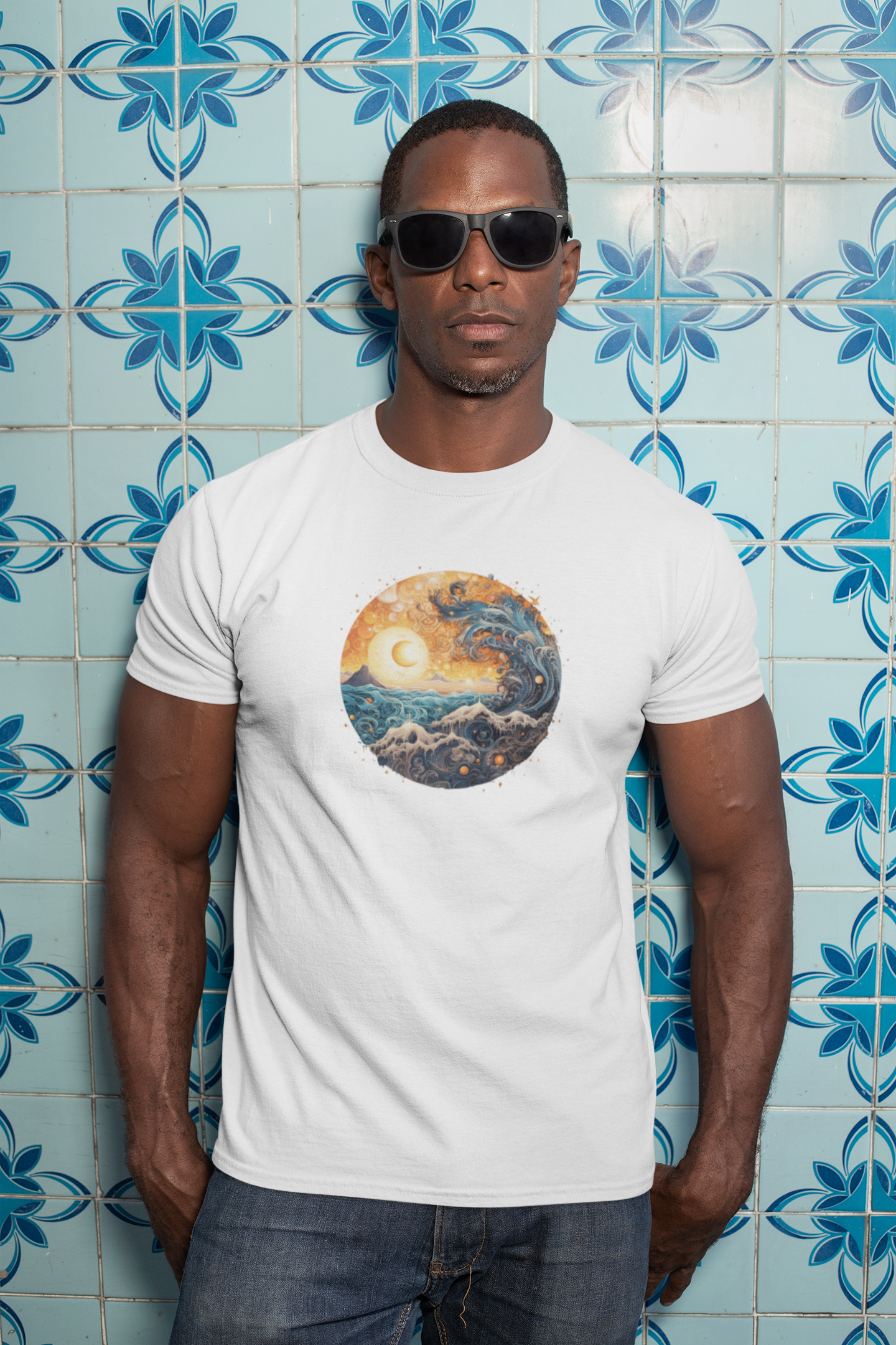 Vintage Inspired Ocean Wave Swallows Sun Eclipse T-Shirt - Retro Surf Tee, Boho Style Ocean Wave Unisex Heavy Cotton Tee