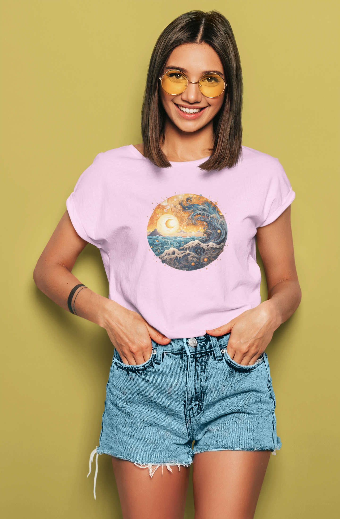 Vintage Inspired Ocean Wave Swallows Sun Eclipse T-Shirt - Retro Surf Tee, Boho Style Ocean Wave Unisex Heavy Cotton Tee