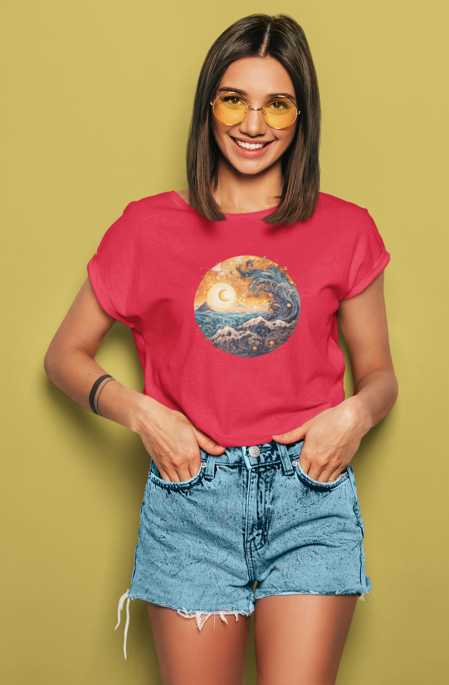 Vintage Inspired Ocean Wave Swallows Sun Eclipse T-Shirt - Retro Surf Tee, Boho Style Ocean Wave Unisex Heavy Cotton Tee