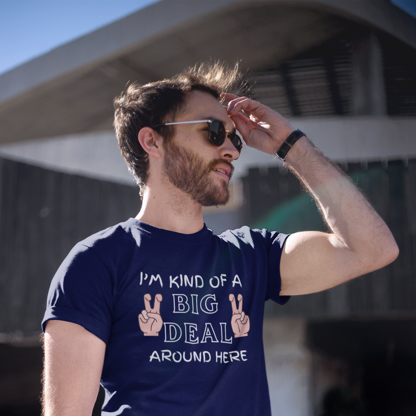 Graphic Unisex T Shirt that reads I&#39;m Kind Of A Big Deal Around Here and Canvas tee in the color navy blue