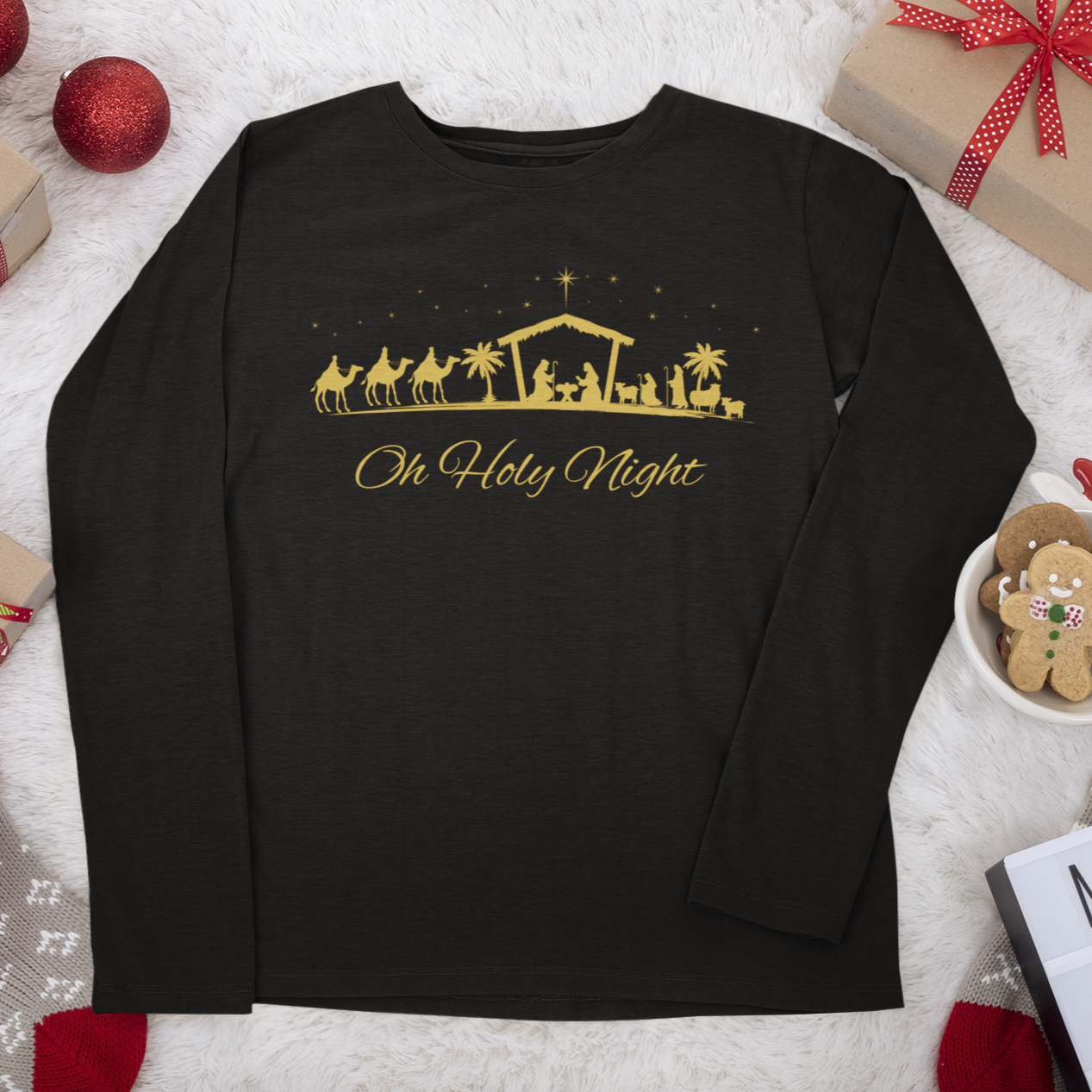 Oh Holy Night, Christmas long sleeve shirt, holiday long sleeve, christian christmas long sleeve, Christmas Party Long Sleeve Shirt, Jesus