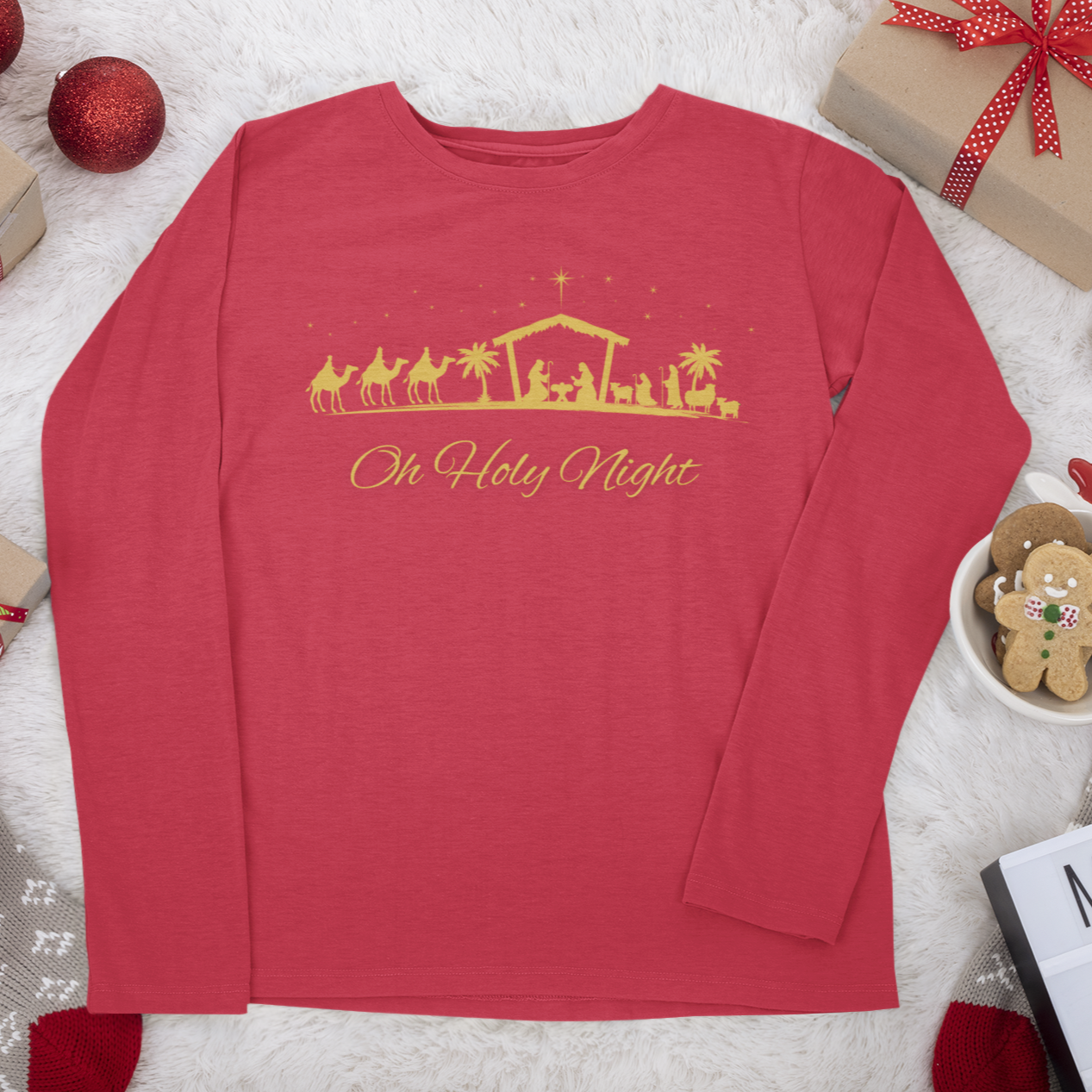 Oh Holy Night, Christmas long sleeve shirt, holiday long sleeve, christian christmas long sleeve, Christmas Party Long Sleeve Shirt, Jesus