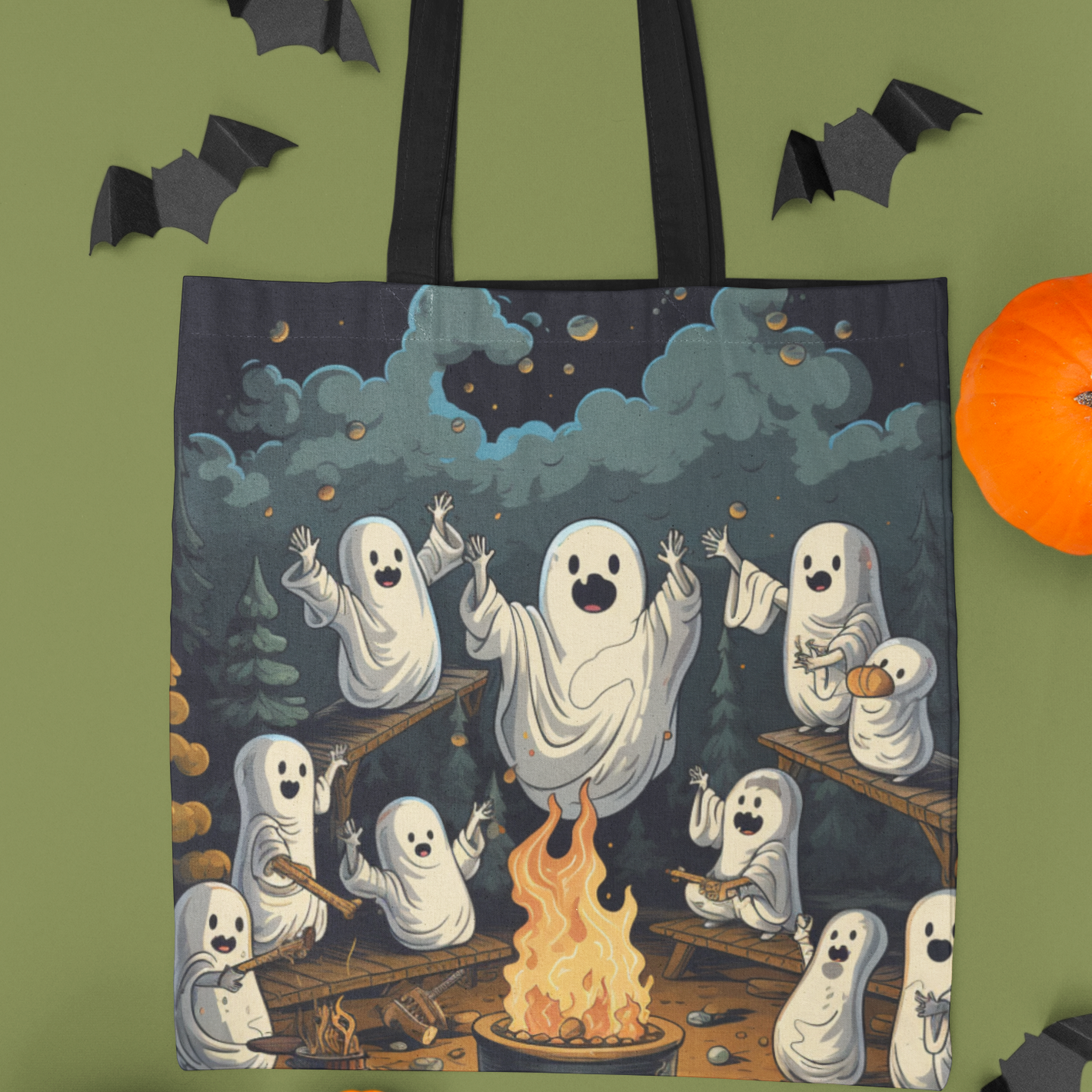 Ghost Campfire, Halloween Tote Bag, Halloween Tote, Halloween Tote Bags, Tote bag Mockup Halloween, Tote Bags Halloween, Scary Tote Bag