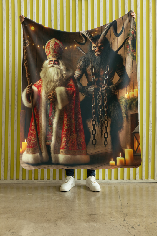 A Dark & Festive Holiday Accent Krampus and St. Nicholas Woven Throw Blanket