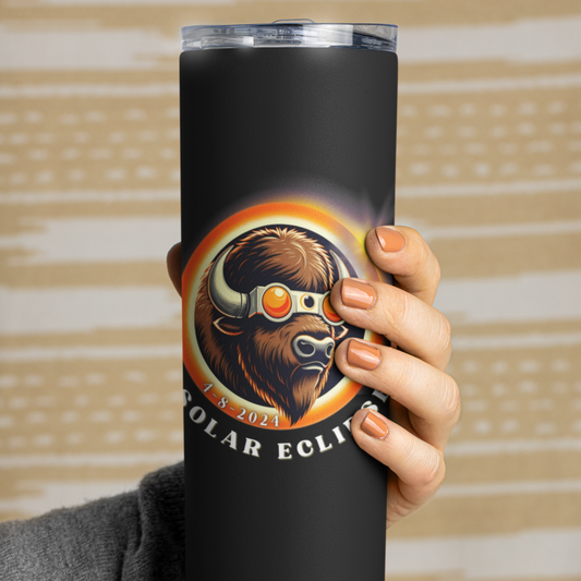 Unique Solar Eclipse Souvenir: American Buffalo Wearing Sunglasses - April 8, 2024 - 20 oz. Tumbler, Maars Maker Skinny Matte Tumbler, 20oz