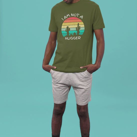 Graphic Unisex T Shirt that reads I Am Not A Hugger and Canvas tee in the color Military Green