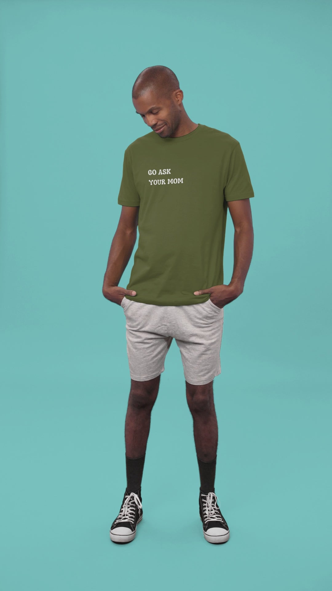 Graphic Unisex T Shirt that reads Go Ask Your Mom and Canvas tee in the color Military Green