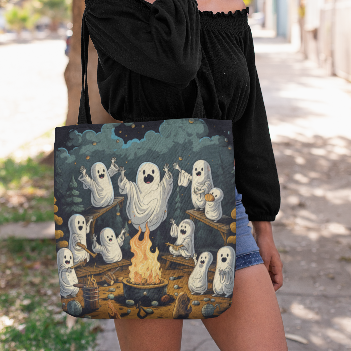 Ghost Campfire, Halloween Tote Bag, Halloween Tote, Halloween Tote Bags, Tote bag Mockup Halloween, Tote Bags Halloween, Scary Tote Bag