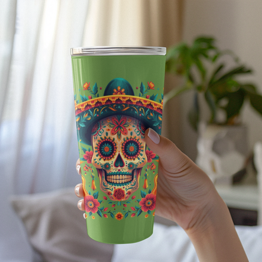 Fiesta Ready Tumbler with Skull, Guitars, and Cinco de Mayo Vibes - 20 oz Decorated Cup, Cinco de Mayo Skull and Guitars Tumbler